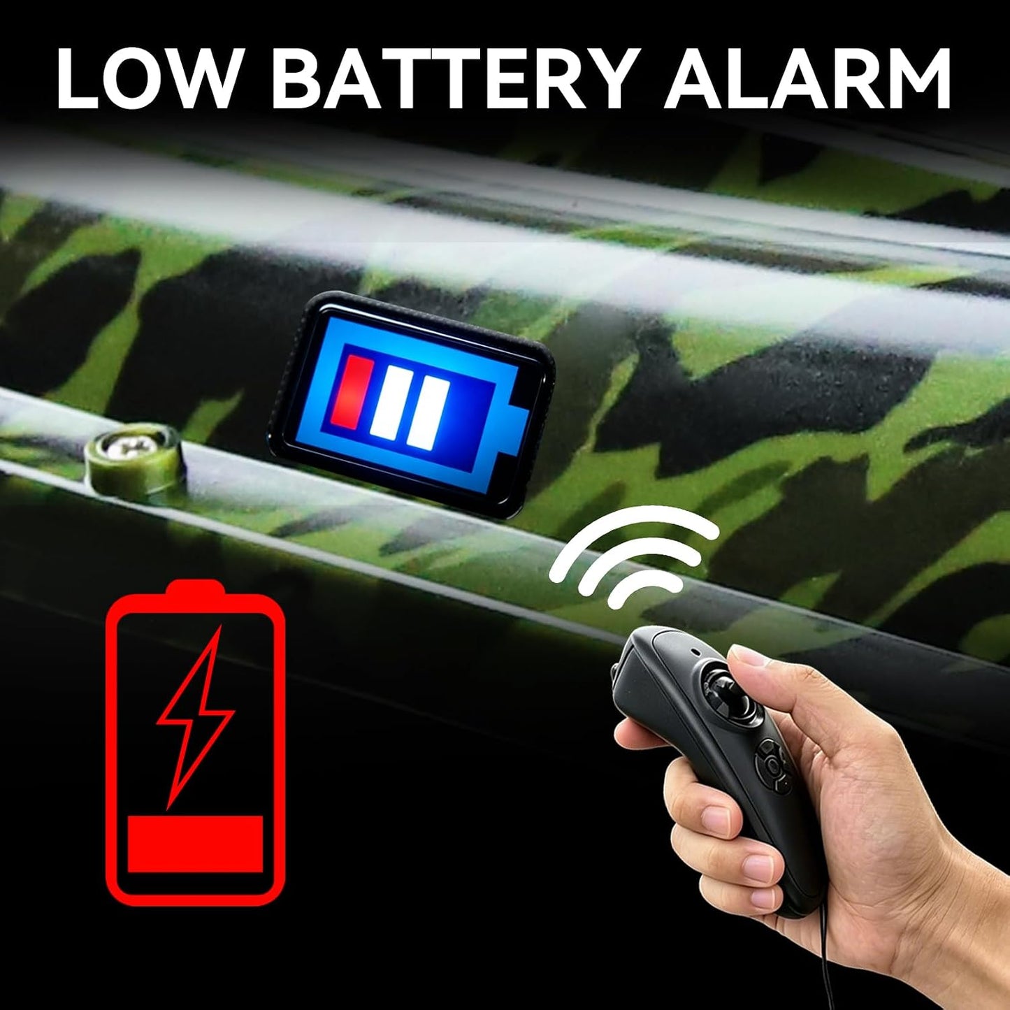 RC Bait Boat for Carp Fishing, 3.3 lb Bait Hopper, Dual Motors, Cruise Control, Low Battery Warning, Waterproof Hull with LED Navigation Lights, 5200mAh Battery, Camo Green