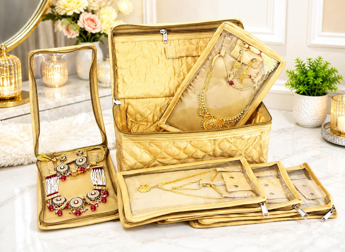 atorakushon Set of 5 Satin Makeup & Jewelry Pouches, Cosmetic Necklace & Earring Organizer, Lightweight Waterproof Vanity Storage Bag for Women, Gold