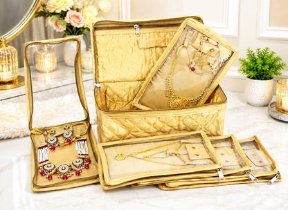 atorakushon Set of 5 Satin Makeup & Jewelry Pouches, Cosmetic Necklace & Earring Organizer, Lightweight Waterproof Vanity Storage Bag for Women, Gold