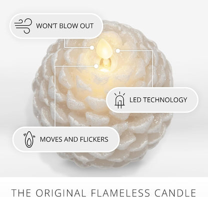 Luminara Pinecone Flameless Candle White Swan Glitter and Snow Finish Pine Cone Figural, Real Wax Unscented LED Candles, Battery Operated with Timer, Holiday Decoration (3.9" x 4.3")