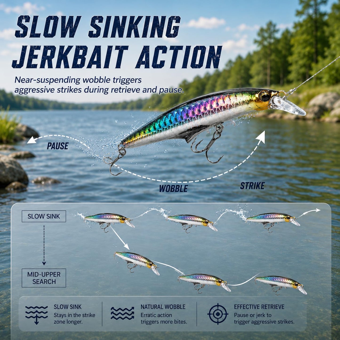 5PCS Sinking Jerkbait Fishing Lures, 3.35" Long-Casting Minnow Hard Baits with Realistic Swimming Action, Curved Lip, Holographic Finish & Treble Hooks for Bass, Trout, Walleye and Pike