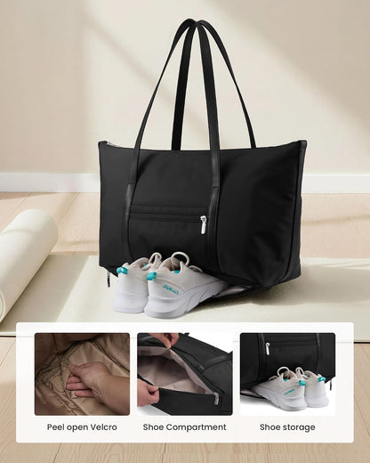 LOVEVOOK Work Tote Bag for Women, 15.6-Inch Laptop Shoulder Bag with Shoe Compartment & Large Cup Holder, Convertible Professional Computer Tote for Office, Gym, Travel & Weekends, Black