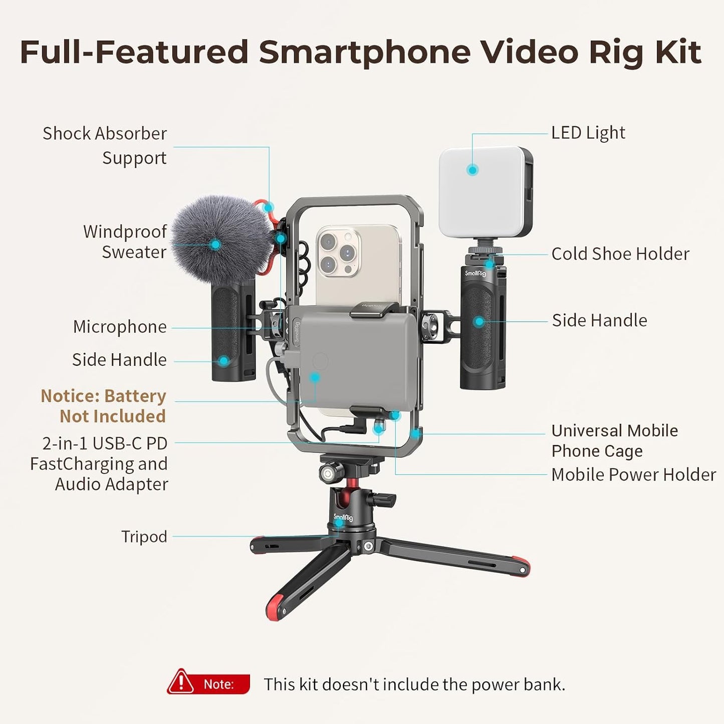 SmallRig Universal Phone Video Rig Kit for iPhone for Huawei -3384D All-in-One Vlogging Rig Kit: Tripod, Microphone, LED Light, Side Handle & Power Bank Holder, for Vlogging & Live Streaming