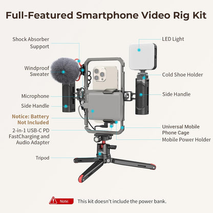 SmallRig Universal Phone Video Rig Kit for iPhone for Huawei -3384D All-in-One Vlogging Rig Kit: Tripod, Microphone, LED Light, Side Handle & Power Bank Holder, for Vlogging & Live Streaming