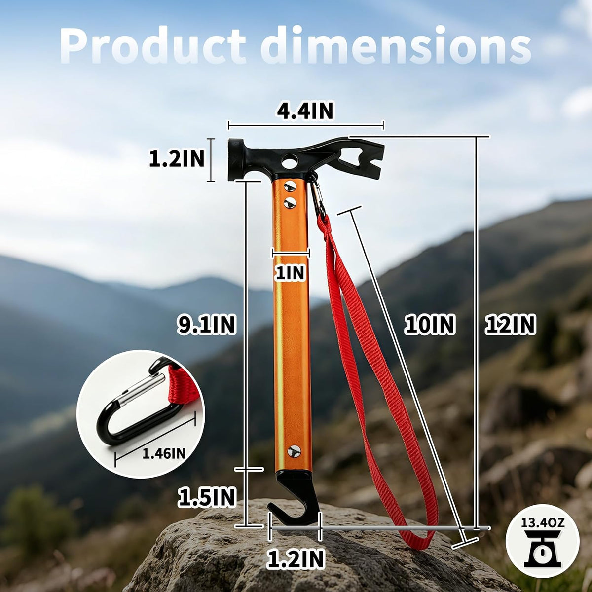 RIY 12" Carbon Steel Aluminum Camping Hammer, Lightweight 3-in-1 Tent Stake Hammer with Stake Puller, Corkscrew & Reflective Cord, Orange