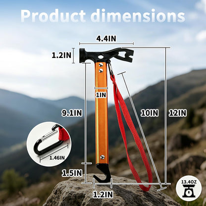 RIY 12" Carbon Steel Aluminum Camping Hammer, Lightweight 3-in-1 Tent Stake Hammer with Stake Puller, Corkscrew & Reflective Cord, Orange