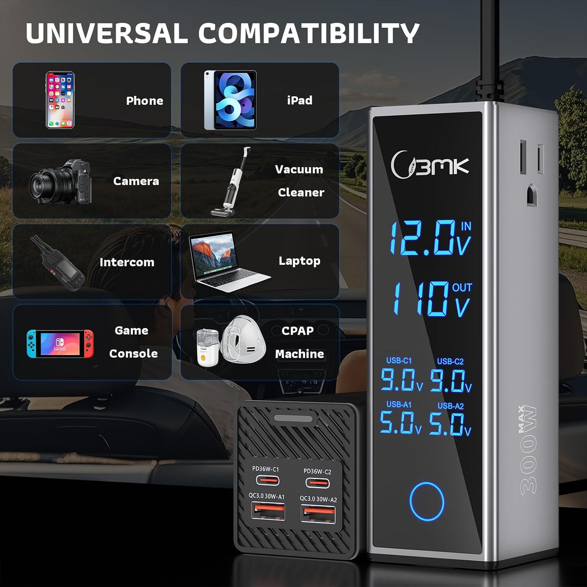 300W Car Power Inverter 12V DC to 110V AC Outlet Adapter 4 Fast USB Ports with PD 36W QC3.0 LCD Voltage Display Stackable Design for Laptop CPAP Road Trip Essentials