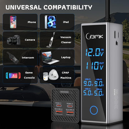 300W Car Power Inverter 12V DC to 110V AC Outlet Adapter 4 Fast USB Ports with PD 36W QC3.0 LCD Voltage Display Stackable Design for Laptop CPAP Road Trip Essentials
