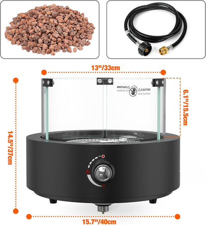 15.7" Gas Fire Pit Bottom-Mounted for Table with Umbrella Hole, FP039 Portable Smokeless Propane Fireplace with Lava Rocks & Glass Shield for Outdoor Patio Backyard Camping RV Tailgating, Round