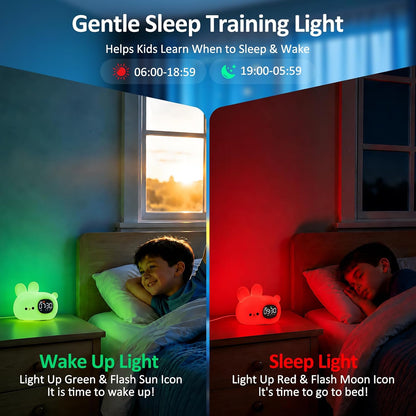 Aokpsrt Bunny Kids Alarm Clock with Night Light, OK to Wake Toddler Sleep Training Clock, Dual Alarm, White Noise, Multicolor Night Light, White