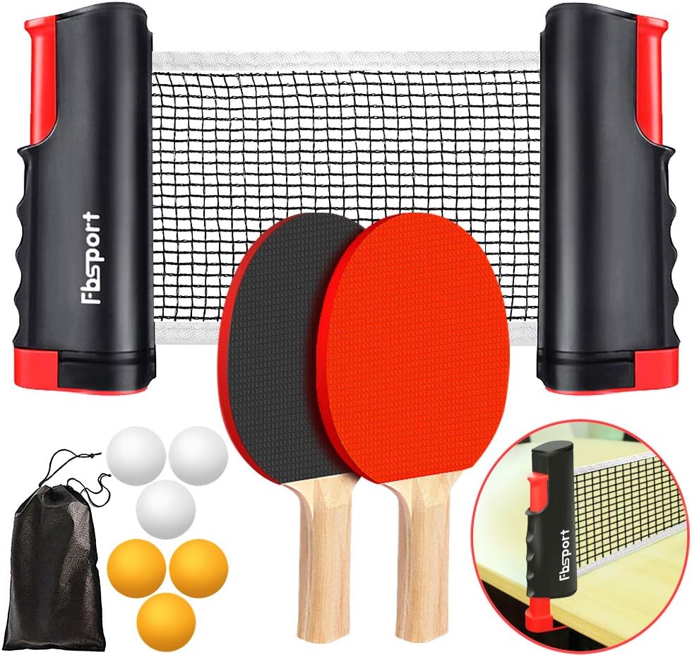 FBSPORT Ping Pong Paddle Set, Portable Table Tennis Set with Retractable Net, 2 Rackets, 6 Balls & Carry Bag for Indoor & Outdoor Games