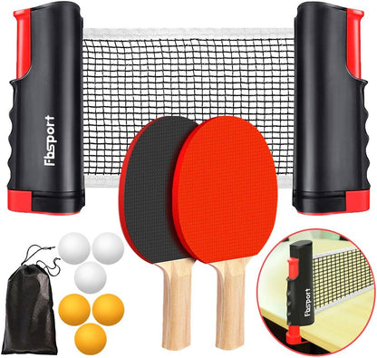 FBSPORT Ping Pong Paddle Set, Portable Table Tennis Set with Retractable Net, 2 Rackets, 6 Balls & Carry Bag for Indoor & Outdoor Games