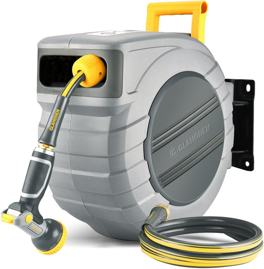 GLAHODEN 5/8 in x 115 ft Retractable Garden Hose Reel with Metal Bracket Wall Mount, Any Length Lock,Auto Rewind, UV Resistant,Heavy Duty, 180° Swivel, Anti-Tangle, Easy to Assemble,9 Spray Patterns