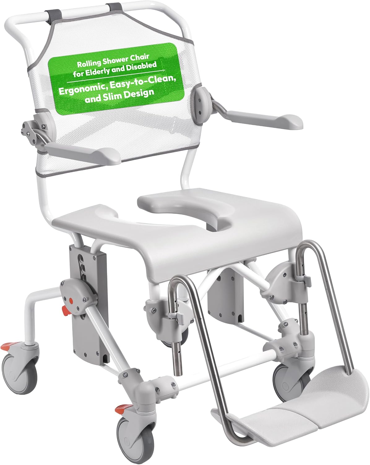 Etac Swift Mobile-2 Rolling Shower Commode Chair for Elderly, 353 lb, White Bedside Commode with Adjustable Height, Armrests and Backrest, Wheeled Shower Chair, Disabled Bathing