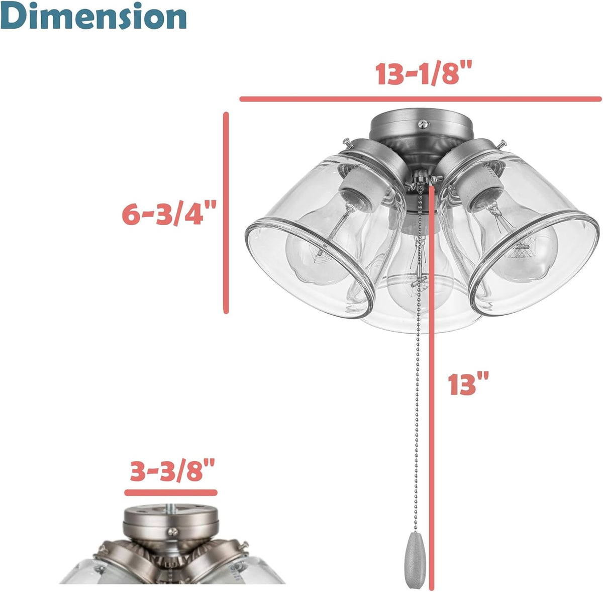 Aspen Creative 22013-1, Three-Light Ceiling Fan Light Kit with Pull Chain, Matte White Finish with Clear Glass Shades, 13-1/8" Diameter x 6-3/4" Height