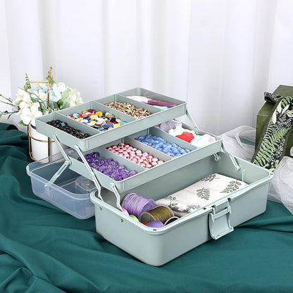 BTSKY 3-Layer Plastic Dividing Storage Box, Craft Organizer and Storage Case with Adjustable Compartments, Haze Green