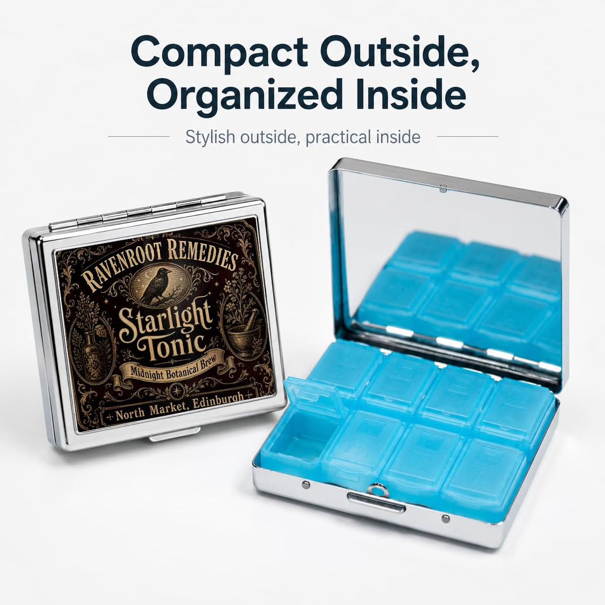 HyperionFlo Essentials Compact 8-Compartment Pill Box with Built-In Mirror, Metal Outer Case, Black Bird Design