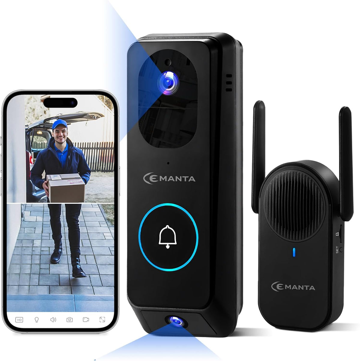 CEMANTA 2K Wireless Video Doorbell Camera with Chime, Dual-Camera 190° Wide View, AI Human Detection, Night Vision, 2-Way Audio, 9000mAh Battery
