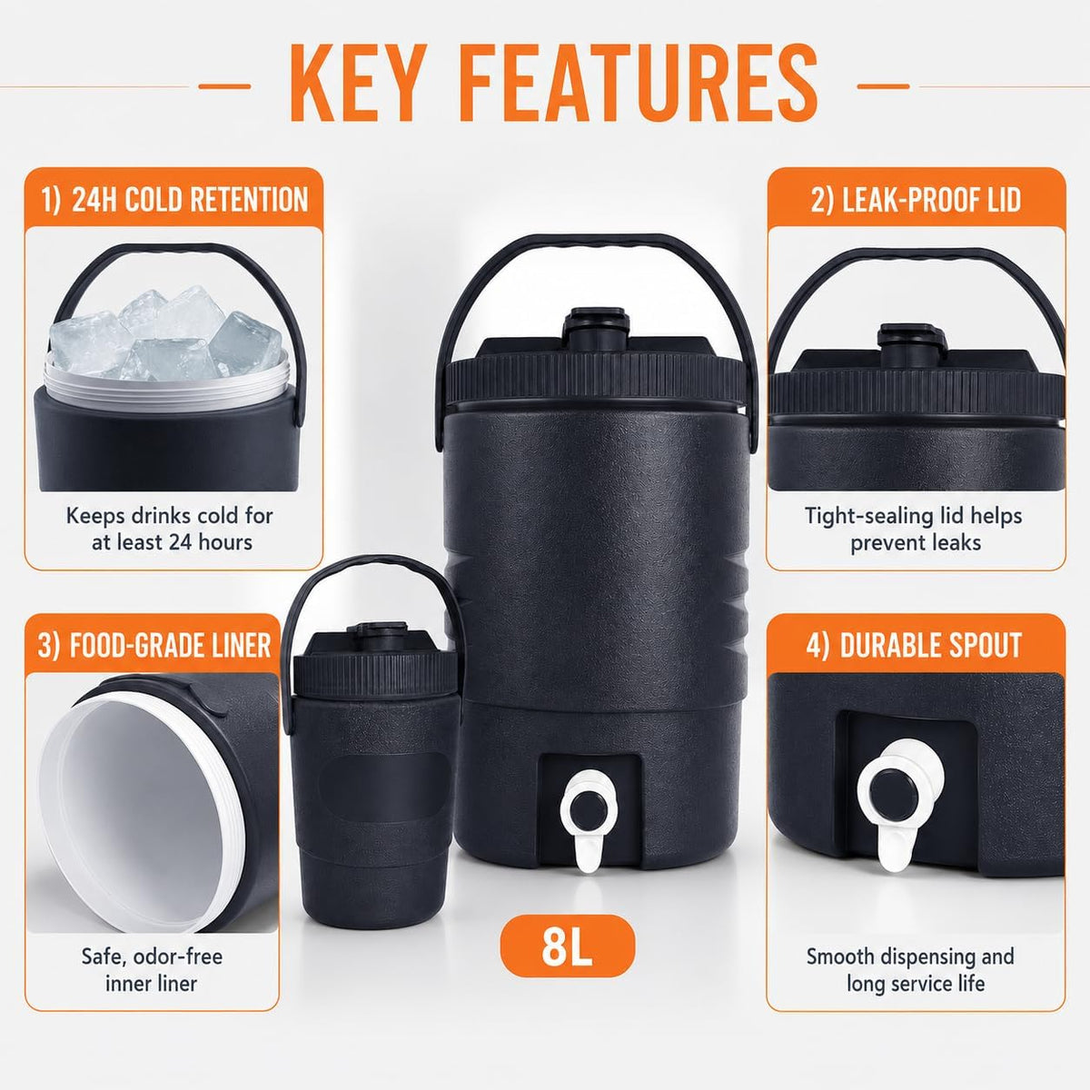 2.2 Gallon/8 L Portable Sports Cooler Water Beverage Dispenser,Insulated Cooler Dispenser With Spout & 33 Ounce/1 L Insulated Water Jug