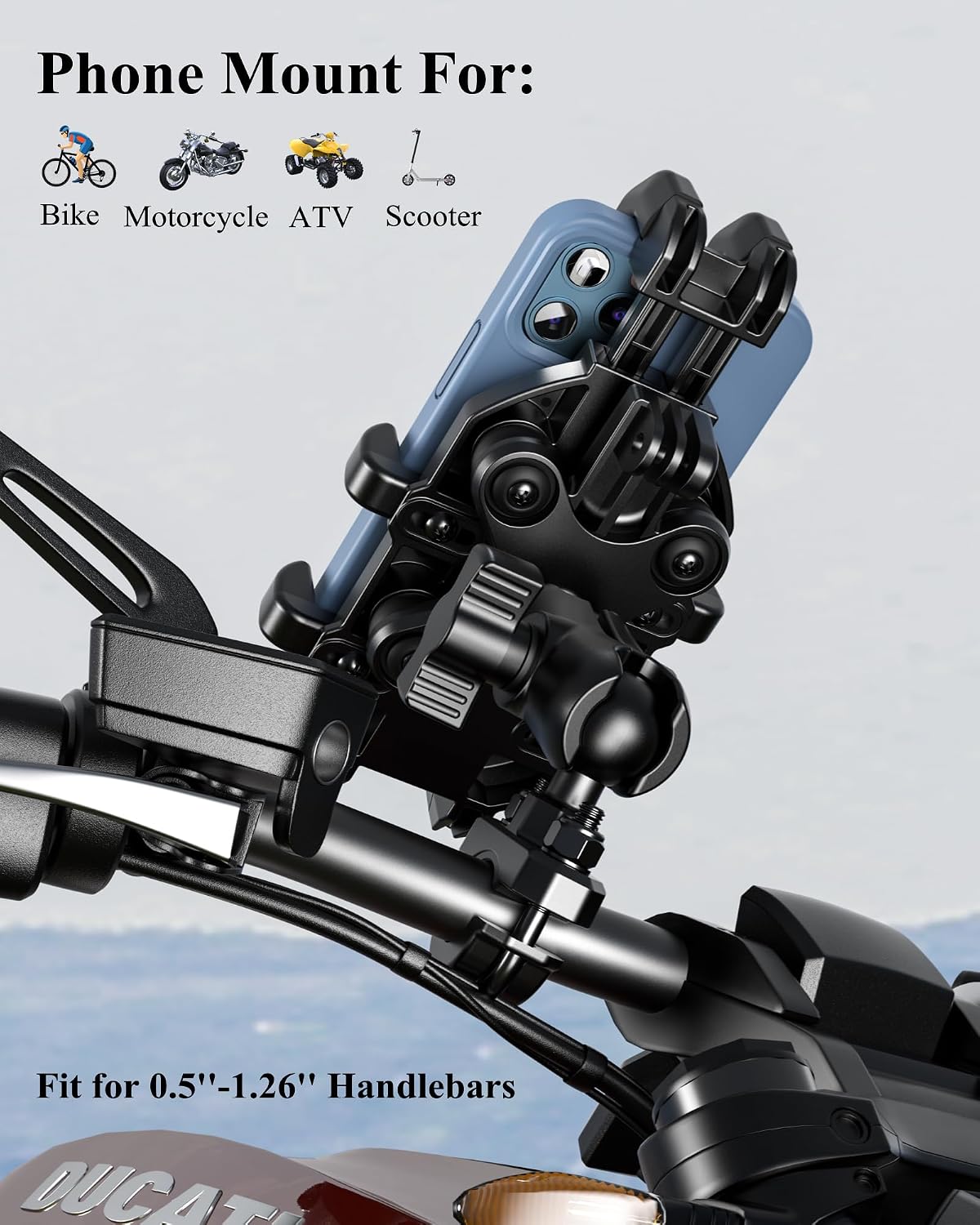 BRCOVAN Motorcycle Phone Mount Holder with Vibration Dampener, Adjustable Handlebar Phone Cradle for Motorcycles, Bikes, E-Bikes, ATVs & Scooters, Black