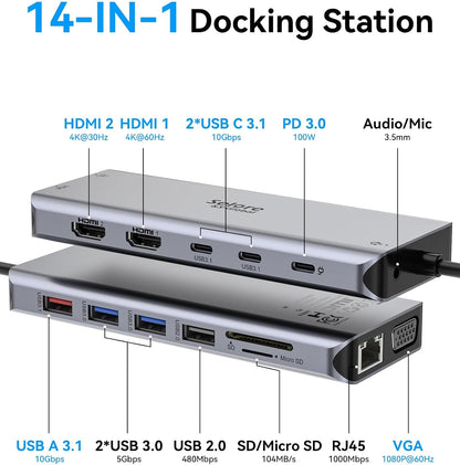 Selore USB C Docking Station Dual Monitor, 14-in-1 Laptop Docking Station Docking Station 3 Monitors with 2 HDMI, VGA, 10G USB A/C, 100W PD, 6 USB A/C Ports, USB C Hub Multiport Adapter for Windows