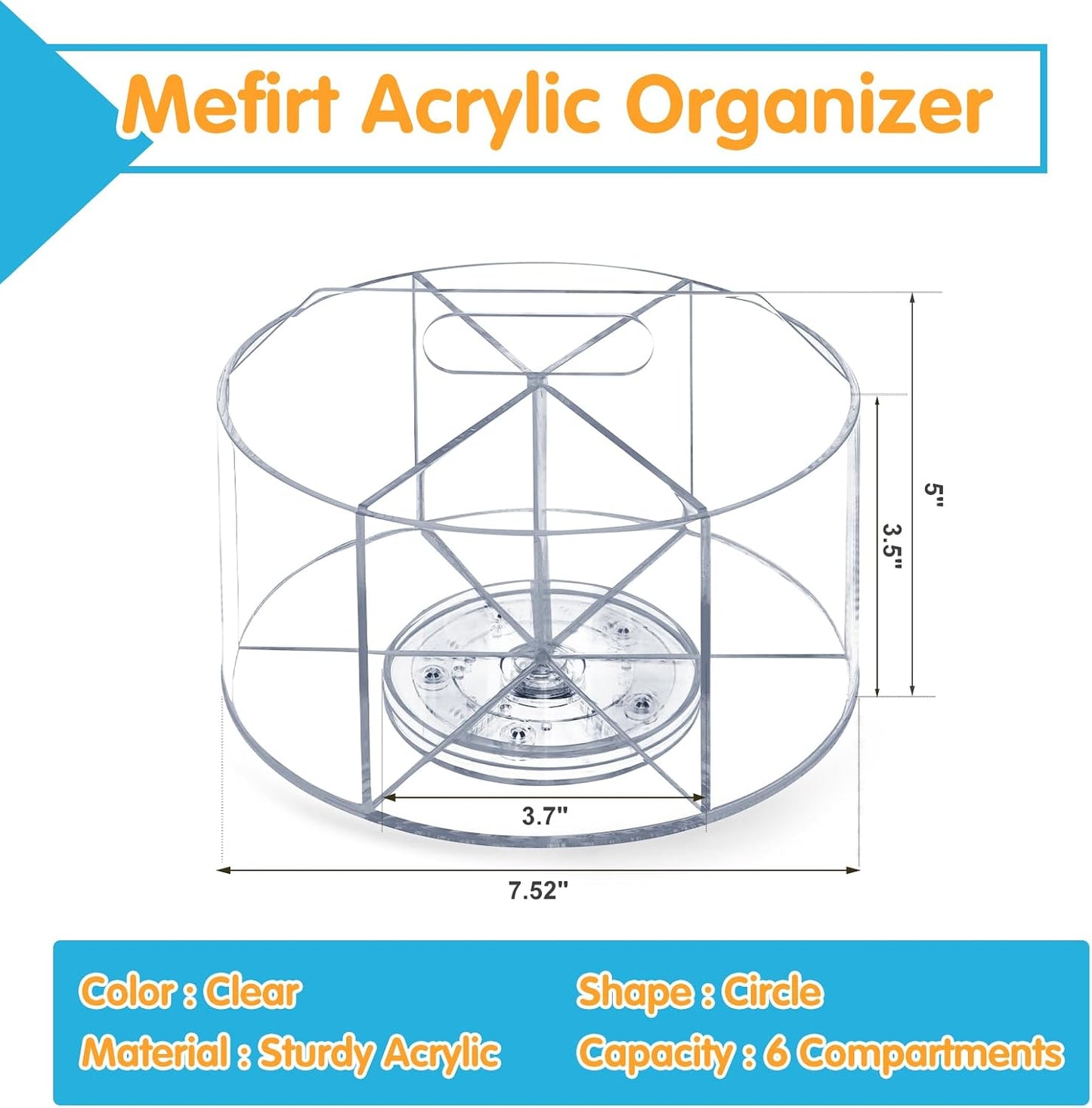 Acrylic Rotating Pen Holder, 360° Spinning Desk Organizer with 6 Compartments, Clear Desktop Caddy for Pens, Pencils, Markers, Crayons and Art Supplies