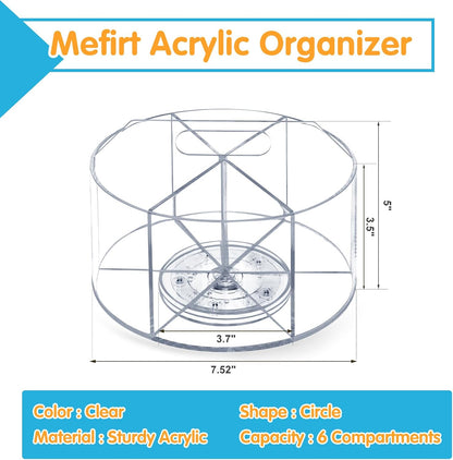 Acrylic Rotating Pen Holder, 360° Spinning Desk Organizer with 6 Compartments, Clear Desktop Caddy for Pens, Pencils, Markers, Crayons and Art Supplies