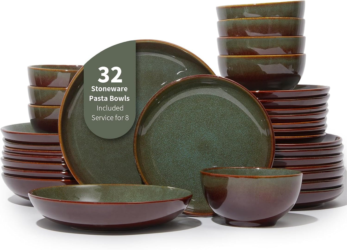 Pokini 32-Piece Stoneware Dinnerware Set for 8, Reactive Glaze Plates & Bowls, Microwave & Dishwasher Safe, Brown Green
