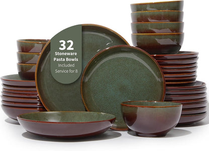 Pokini 32-Piece Stoneware Dinnerware Set for 8, Reactive Glaze Plates & Bowls, Microwave & Dishwasher Safe, Brown Green