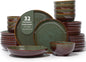 Pokini 32-Piece Stoneware Dinnerware Set for 8, Reactive Glaze Plates & Bowls, Microwave & Dishwasher Safe, Brown Green