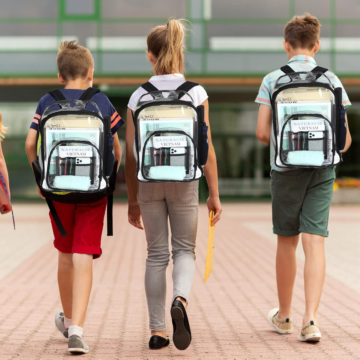 Sadnyy 12-Pack Clear Backpacks, 17-Inch Transparent PVC School Bookbags with Adjustable Shoulder Straps, Multiple Compartments & Side Mesh Pockets, Black