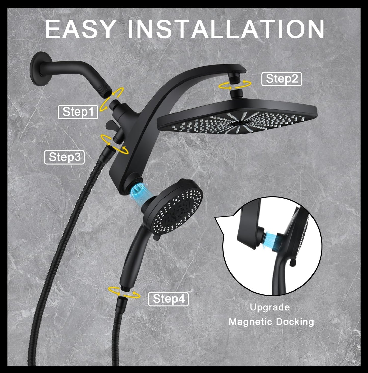 Rain Shower Head with Handheld Showerhead, Black 1.75GPM 460311 12" High Pressure Rainfall Shower Heads, 9 Sprays Handheld Showerheads, Magnetic Docking, Power Jets, 59" Shower Hose