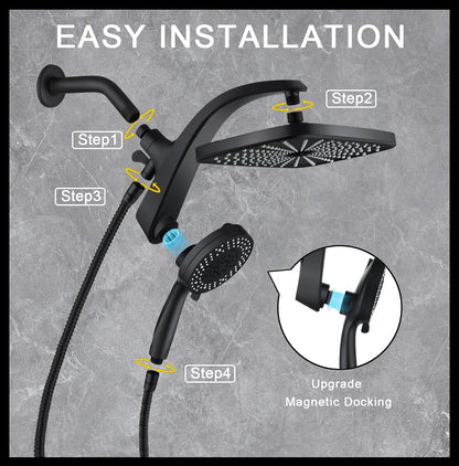 Rain Shower Head with Handheld Showerhead, Black 1.75GPM 460311 12" High Pressure Rainfall Shower Heads, 9 Sprays Handheld Showerheads, Magnetic Docking, Power Jets, 59" Shower Hose