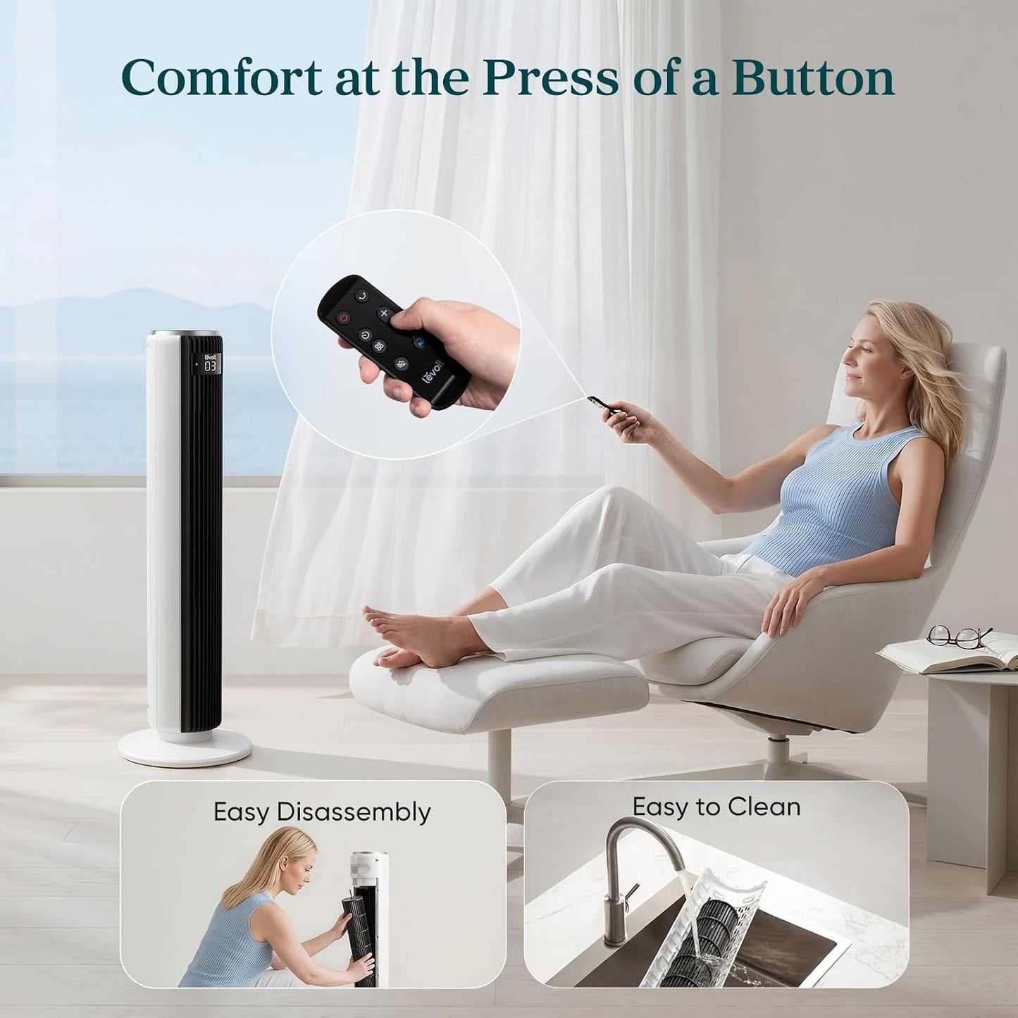 Levoit Tower Fan for Bedroom, 28ft/s Fans that Blow Cold Air, 28dB Quiet Standing Floor Fan for Room, 90° Oscillating, 5 Speeds 4 Modes & Temp Sensor, Bladeless, 12H Timer, Remote, 36 inch, White