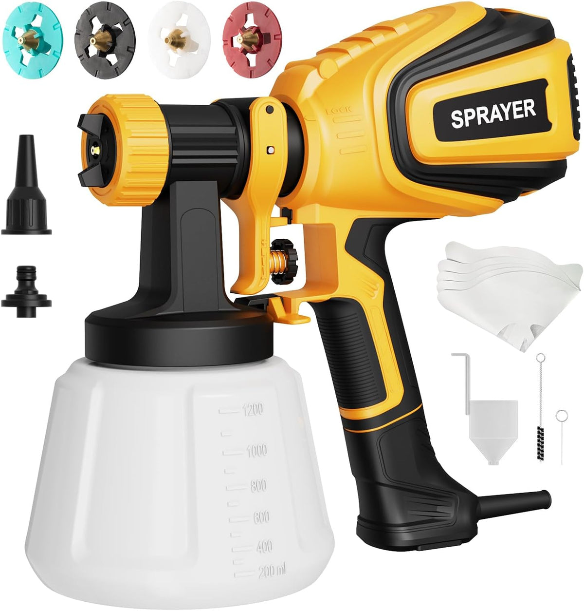 VONFORN Paint Sprayer, 700W Spray Paint Gun with 4 Nozzles & 3 Patterns with Cleaning & Blowing Joints, Easy to Clean, for Furniture, Cabinets, Fence, Walls, Door, Garden Chairs etc. Yellow