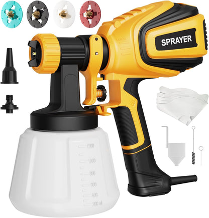 VONFORN Paint Sprayer, 700W Spray Paint Gun with 4 Nozzles & 3 Patterns with Cleaning & Blowing Joints, Easy to Clean, for Furniture, Cabinets, Fence, Walls, Door, Garden Chairs etc. Yellow