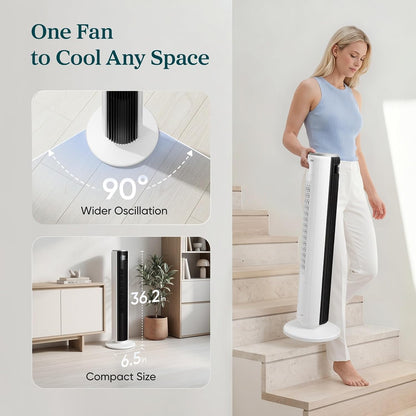 Levoit Tower Fan for Bedroom, 28ft/s Fans that Blow Cold Air, 28dB Quiet Standing Floor Fan for Room, 90° Oscillating, 5 Speeds 4 Modes & Temp Sensor, Bladeless, 12H Timer, Remote, 36 inch, White