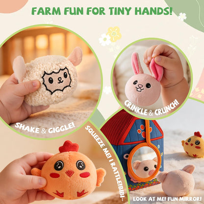 Montessori Farm Toy for Babies, Plush Barn with 7 Soft Animal Toys