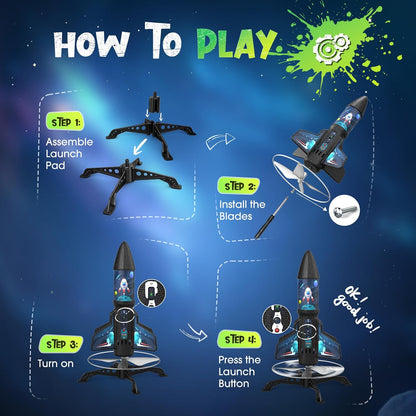 ZeroPhear RK2 Spinner Rocket Launcher for Kids, 200-Foot Self-Launching Rocket Toy with Parachute, LED Light, 2 Launch Modes, Rechargeable STEM Outdoor Toy, Cyan