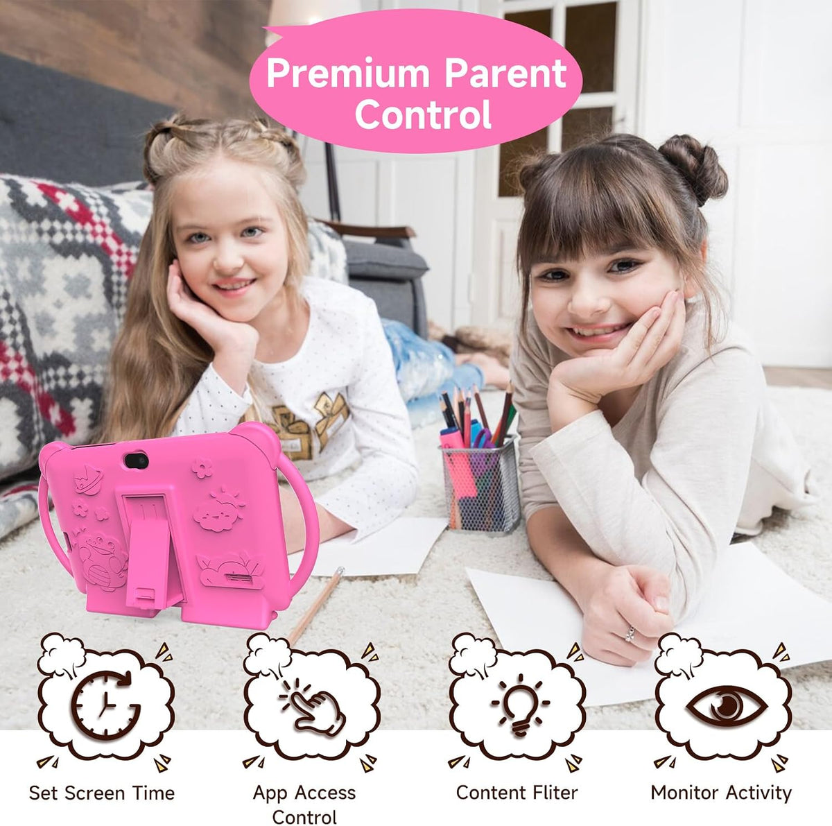 PEICHENG PCQ8 Kids Tablet 7 Inch, Android 12, 4GB RAM 32GB ROM, Parental Control, Dual Camera, IPS Touchscreen, Shockproof Case, Pink