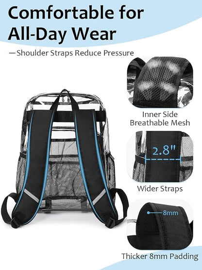 Clear Backpack for School, Heavy Duty Transparent 17-Inch Bookbag with 0.5mm PVC, Padded Straps, 15.6-Inch Laptop Sleeve & Multiple Pockets, Black