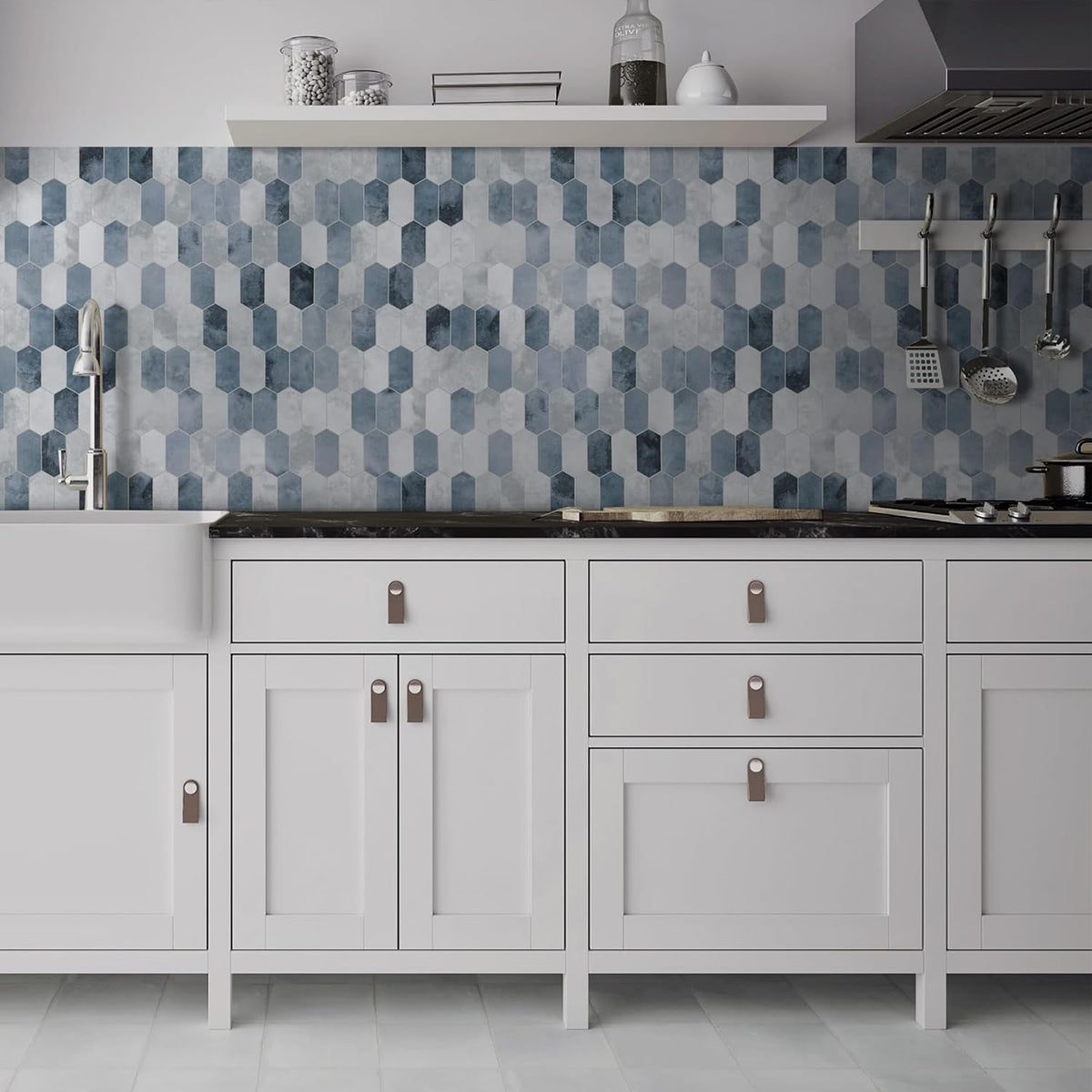 The Tiles Plaza 10-Sheet Peel and Stick Backsplash, 12" x 11.5" Blue Cement Long Hexagon Self-Adhesive Wall Tile, Stone Composite Stick On Decorative Mosaic Tile for Kitchen Bathroom Fireplace
