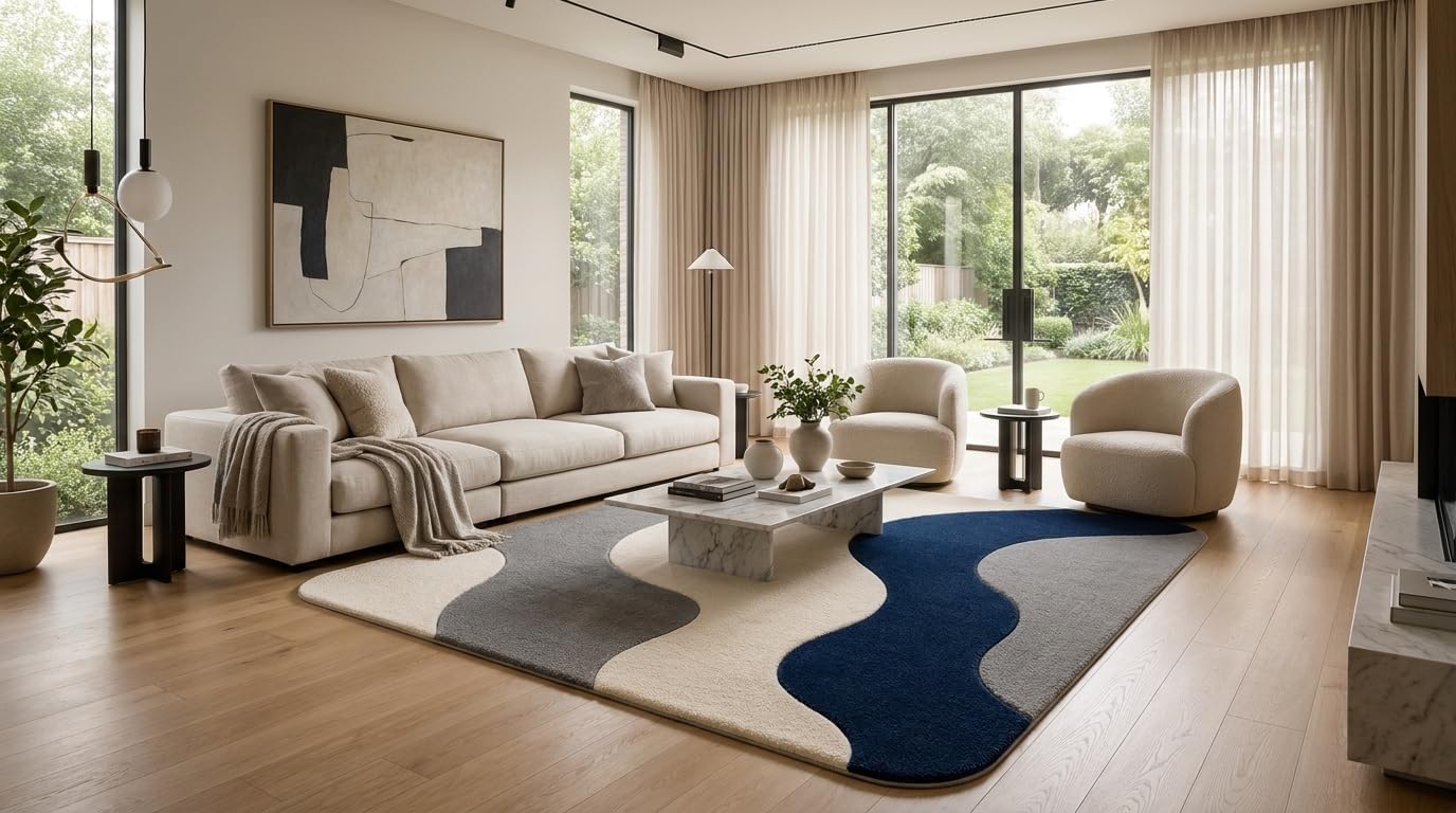 Hand Tufted Wool Area Rug 5x8 Ft Rectangular, Modern Abstract Wave Design Carpet, Navy Blue Grey & Ivory Contemporary Handmade Floor Rug for Living Room & Office