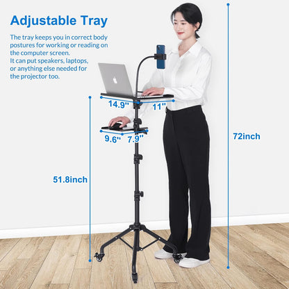 Tossbiss Laptop Tripod on Wheels with 2 Shelves Portable Projector Floor Stand Adjustable Height 25.9 to 51.8 Inch with Phone Holder, Projector Stand