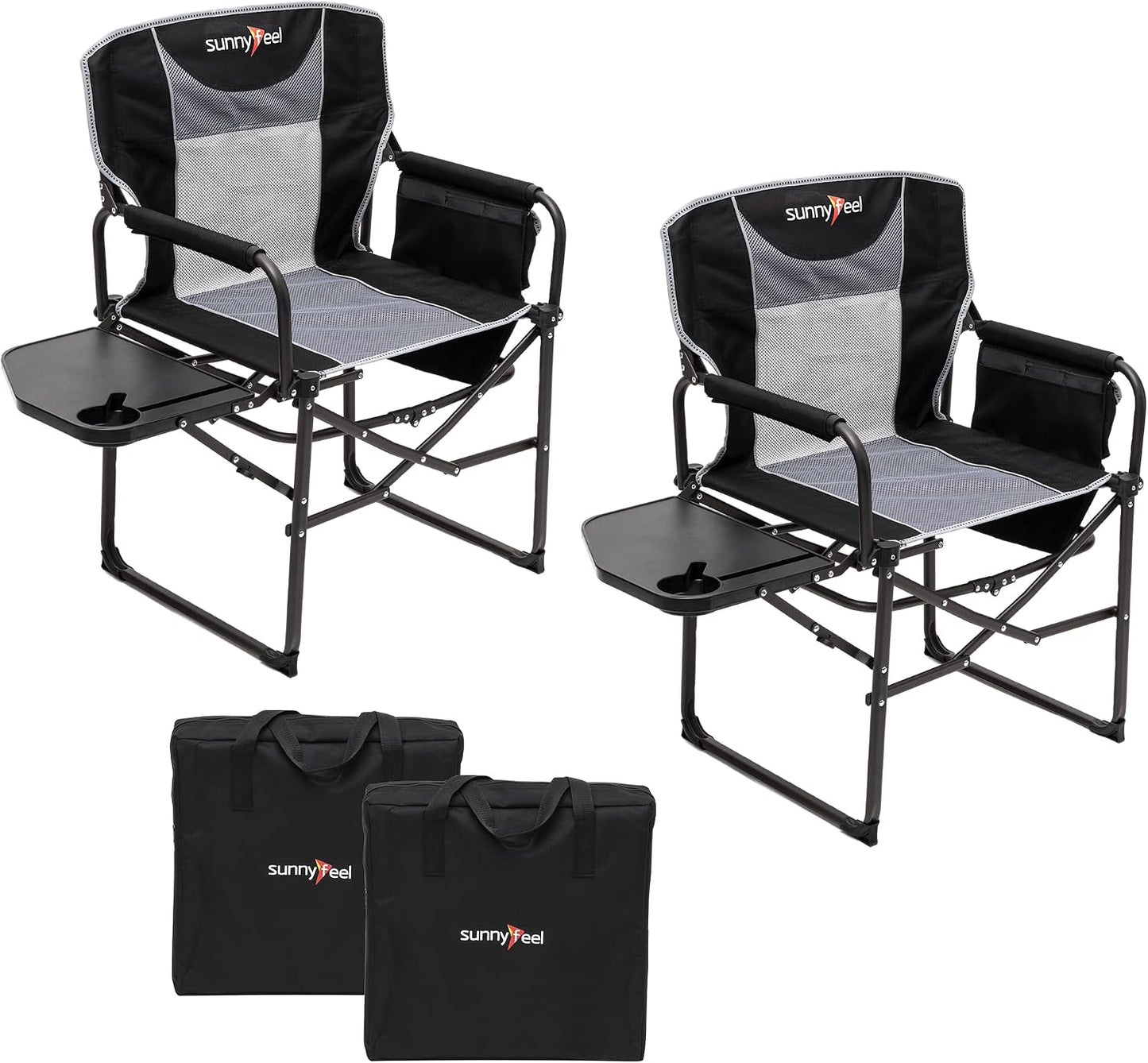SUNNYFEEL Oversized Camping Chair Portable Directors Chairs with Side Table Heavy Duty Folding Lawn Chair for Adults 300LBS with Compact Size, Breathable Mesh, Pocket & Carry Bag for Outdoor, Lawn, RV