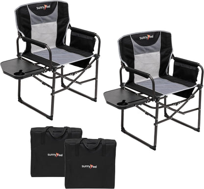 SUNNYFEEL Oversized Camping Chair Portable Directors Chairs with Side Table Heavy Duty Folding Lawn Chair for Adults 300LBS with Compact Size, Breathable Mesh, Pocket & Carry Bag for Outdoor, Lawn, RV
