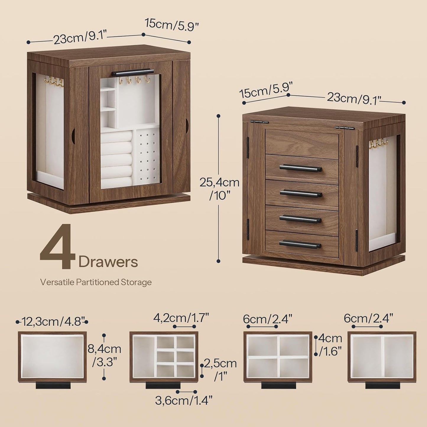 HOOBRO 360° Rotating Jewelry Box with Mirror, Wooden Jewelry Organizer Box 4 Drawers, 3 Transparent Acrylic Doors, Large Jewelry Storage Box for Necklaces, Rings, Bracelets, Earrings, Walnut BH31JB04