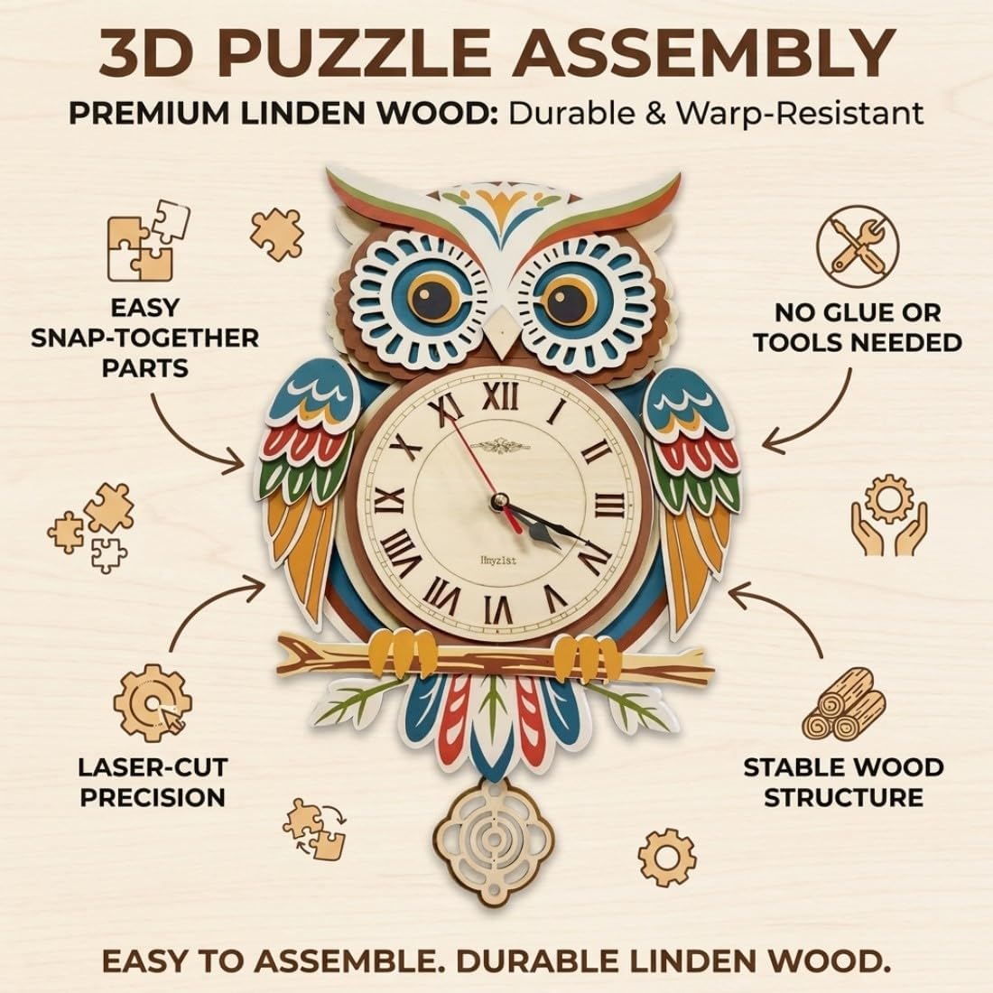 GryGooy Wooden Pendulum Clock Model Kit | 26-Piece Owl 3D Wooden Puzzle with Moving Clock Mechanism, DIY Wall Decor for Living Room & Study