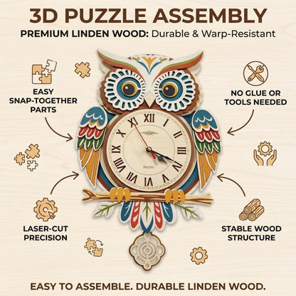 GryGooy Wooden Pendulum Clock Model Kit | 26-Piece Owl 3D Wooden Puzzle with Moving Clock Mechanism, DIY Wall Decor for Living Room & Study