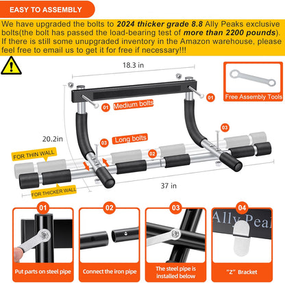 Ally Peaks Pull Up Bar for Doorway, Heavy-Duty 440 lb Capacity Multi-Grip Chin-Up Bar, Thickened Steel Upper Body Workout Bar for Home Gym, Silver